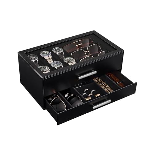 ProCase Mens Jewelry Box Pull-Out Drawer, 6 Slot Watch Case & 5 Slot Sunglasses Organizer, Fathers Day Gift for Dad, 2-Tier Leather Watch Box with Glass Display Top, Gift for Men & Women-Bla