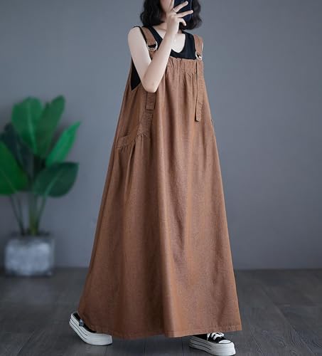 Image of Women's Casual Loose Denim Dress Sleeveless Adjustable Straps Denim Jumper Dress with Pockets