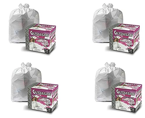Ultrasac - 771228 Trash Compactor Bags - (40 Pack with Ties) 18 Gallon for 15 inch Compactors - 25\" x 35\" Heavy Duty 2.5 MIL Garbage Disposal Bags Compatible with Kitchenaid Kenmore Whirlpool GE Gladiator (Four Pack - White)
