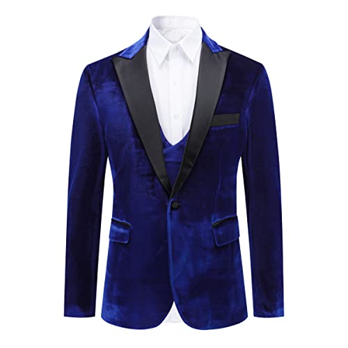 Iynnijoy Men's 3-Piece Gold Velvet Suit Tuxedo Slim Fit 1 Button Blazer Jacket For Prom Dinner Party Wedding Royal Blue #TOP1