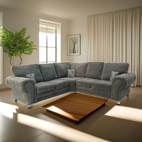 Chesterfield 2c2 Couches – Grey High Back Corner Sofa - Comfy Dual Arm L Shaped Suites - Large 2c2 3 Piece Couch - Sectional Verona 5 Seater Standard Back Sofas for Living Room & TV Lounge - Image 2