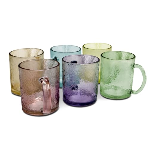 TIENDA EURASIA – Set 6 Vasos | Cristal Tensionado | Capacidad 280 ml | Vasos de Cristal Agua | 6 Colores | Transparente | Con Asa Resistente | Aptos para Lavavajillas y Microondas