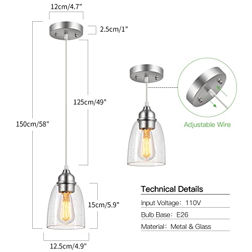 Modern Pendant Light Fixtures For Kitchen Island, Brushed Nickel Pendant Lighting With Seeded Glass Shade, Mini Glass Pandent Light Fixture, Adjustable Farmhouse Ceiling Light For Sink Dining Room #TOP4