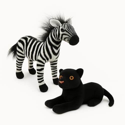 Image of Zebra (30cm) & Black Panther (25cm) Soft Toy Combo - 2 Wild Animal Plush Toys for Kids | Soft & Huggable | Realistic with Fluffy Mane & Embroidered Details | Boys & Girls