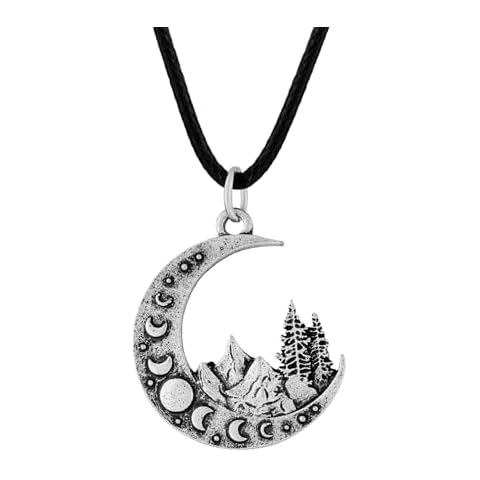 HAQUIL Moon Phase Necklace Necklace, Crescent Moon Mountain Pendant, Faux Leather Cord, Jewelry Gift for Men and Women Cover