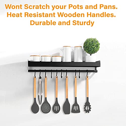 Silicone Cooking Kitchen Utensils Set With Holder. 13 Pc Black Cooking Utensils Set - Heat-Resistant Wooden Handles. Bpa Free Silicone. Non-Stick Cookware #TOP3