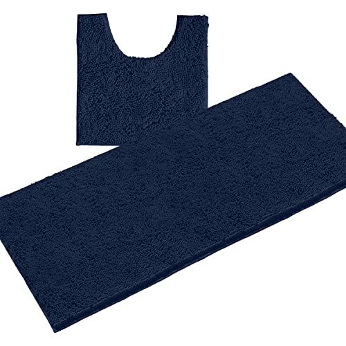 LuxUrux 2-Piece Bathroom Rug Set – Plush Chenille Runner & U-Shaped Toilet Mat, Soft, Absorbent & Non-Slip Design (20x20 U & 27x47 inches, Navy)