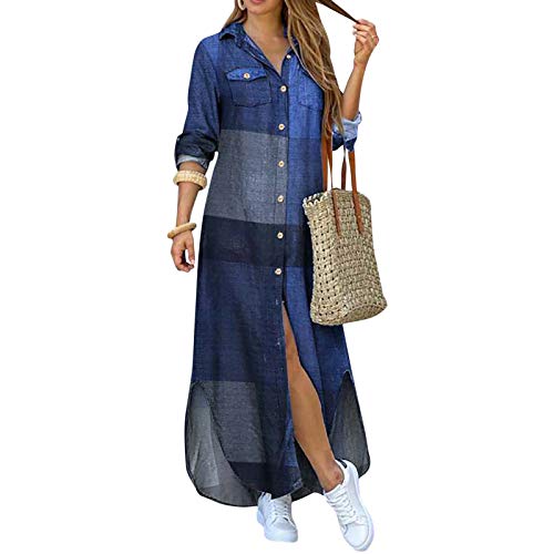 HUIOP Vestido feminino vintage, Vestido de camisa feminina vintage xadrez com correntes estampadas g