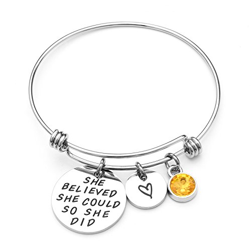 Image of LIUANAN Stainless Steel Inspirational Encouragement Bracelet She Believed She Could So She Did Expandable Bangle Birthstone Charm Cuff Bracelet