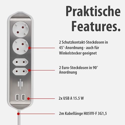 Brennenstuhl Estilo Ecksteckdosenleiste 4-Fach (Tischsteckdose mit Edelstahloberfl&auml;che f&uuml;r K&uuml;che und B&uuml;ro, mit 2X Schutzkontakt-Steckdosen, 2X Euro-Steckdosen, inkl. USB-Ladefunktion) Silber/wei&szlig;