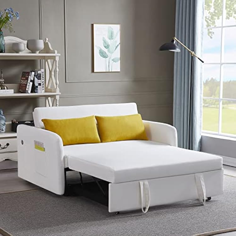KLMM Modern Convertible Sofa Bed, Multi-Functional Adjustable Lounge Chaise Armchair with Arm Pocket, USB Port and 2 Pillows, Pull Out Bed for Living Room Office (Beige*M*F)