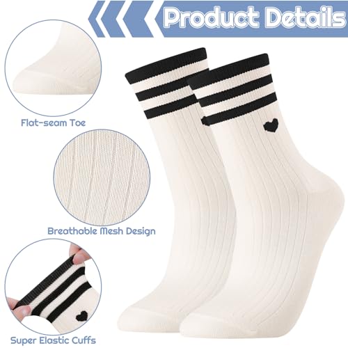Image of Jspupifip Heart Socks 6 Pairs Crew Athletic Cotton Women Striped Socks with Retro Stripes Hearts