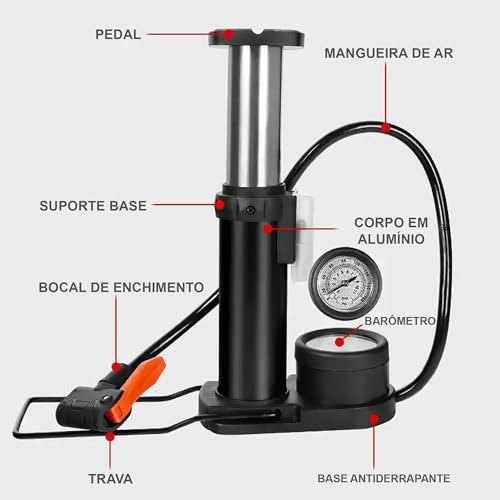 Bomba De Ar Com Pedal Para Encher Bola Pneu Bicicleta Moto Alta Pressão com Manômetro e 2 Bicos Port