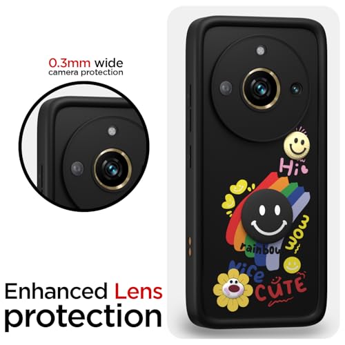 Image of Pikkme Back Cover for Realme 11 Pro /Pro Plus 5G | Soft Silicone| Cute Rainbow Smile & 3D Cartoon Flower Design | Shockproof Raised Camera Protection Bumper Case (Black)