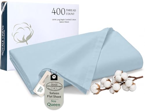 Image of Royale Linen 400 Thread Count 100% Cotton Flat Sheets Only - Cooling Flat Bed Sheets - Queen Flat Sheet Sold Separately - Luxury Sateen Weave - Breathable & Super Soft (Queen, Caribbean Blue)