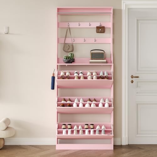 Image of Shoe Cabinet for Entryway with 3 Flip Drawers, Pink Tall Shoe Storage Cabinet with Coat Rack, Wood Narrow Slim Hidden Freestanding Shoe Rack Organizer, 2 in 1 Hall Tree for Living Room, Hallway