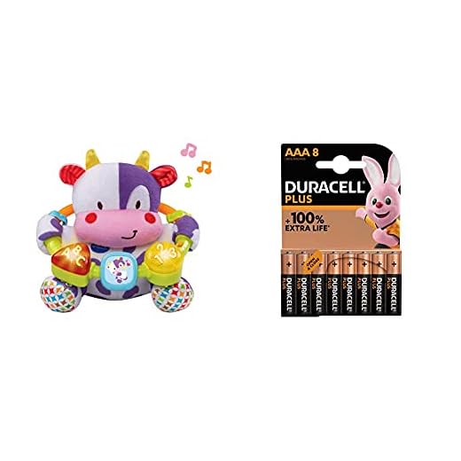 VTech- Vaca muusical Peluche Interactivo de Bebe con Suaves, Multicolor, única (3480-166022) + Duracell - Nuevo Pilas alcalinas Plus AAA , 1.5 Voltios LR03 MN2400, Paquete de 8