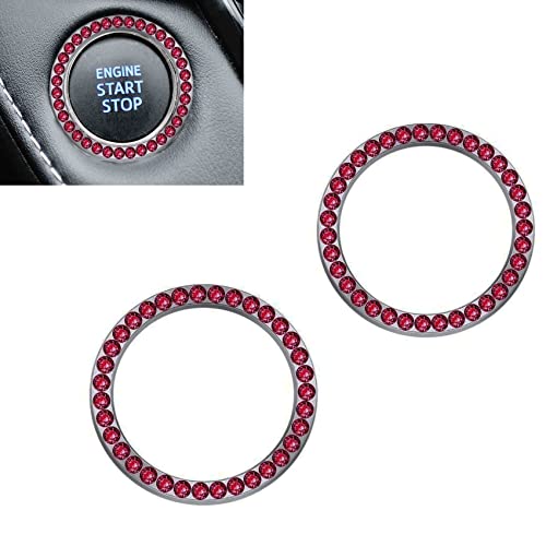 2 Pcs Crystal Rhinestone Car Engine Start Stop Decoration Ring, Push to Start Button Cover, Bling Car Accessories for Women, Key Lgnition Starter Knob Ring (Red)