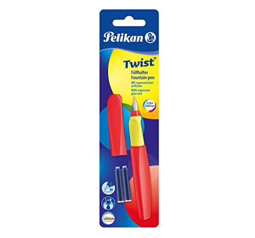 Pelikan Twist Fountain Pen with 2 Ink Cartridges, Medium Nib, Neon Coral, Blister Card (814966)