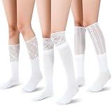 Mepase 3 Pairs Women's Lace Knee High Socks Lace Boot Socks Patchwork Calf White Cute Y2k Trim Long Stocking for Lolita
