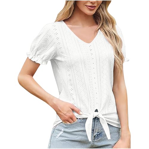 Image of NSICBMNO White Summer Tops for Women UK Ruffle Short Sleeve Blouse Eyelet Tops Tie Front Top V Neck Tshirt Oversized Baggy T Shirts Casual Tshirt Going Out Blouses for Holiday Beach Office Work