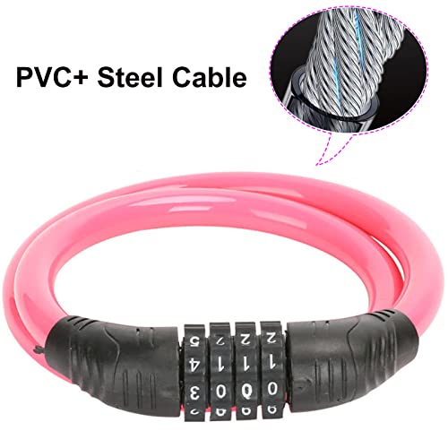 Bike Lock Cable, Anti Theft Bicycle Lock Chain, Bike Combination Lock 4 Digit Security Resettable Self Coiling Combination Cable Combo Bike Locks Without Mounting Bracket, 2 Feet X 1/2 Inch (Rose) #TOP1