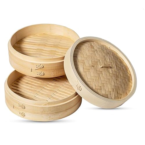Natural Bamboo Food Steamer – Compact 20×20×15cm 2-Tier Basket with Lid for Authentic Asian Meals, Healthy Cooking & Dim Sum (Large)