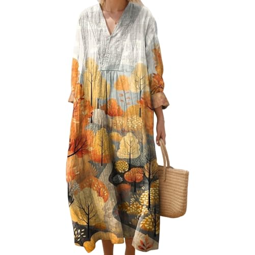 Women's Baggy Smocked Colorful Floral Swing Shirt Dress Spring Summer Long Sleeve V Neck A-Lien Maxi Dresses