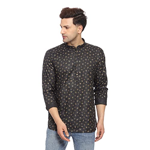 ITOS365 Men's Tunic Cotton Short Kurta Button Down Shirt Indian Clothing Casual Party Dress Gifts Items Black Small