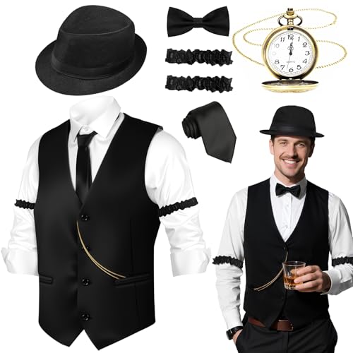 Kyndara Conjunto de 7 acessórios para fantasia de homem dos anos 20, fantasia clássica de gangster vintage com colete preto, chapéu, gravata, pulseira, relógio de bolso, laço para festa