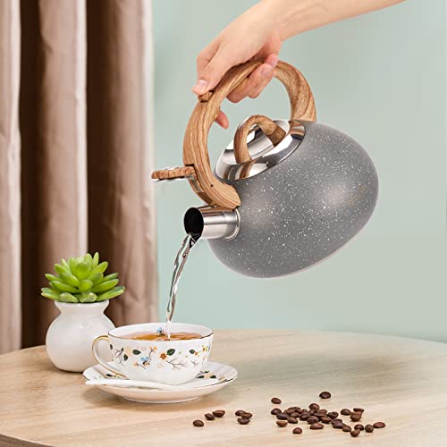 Tea Kettle, 2.1 Quart Grey Loud Stovetop Whistling Teapot, Wood Pattern Handle Food Grade Stainless Steel Teapot, Suitable For Tea, Coffee, Milk #TOP5