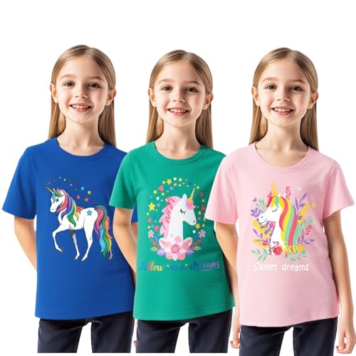 Image of HILEELANG Girl Short Sleeve Tee Shirts Cotton Casual Summer Graphic Tops T-Shirts Multipack