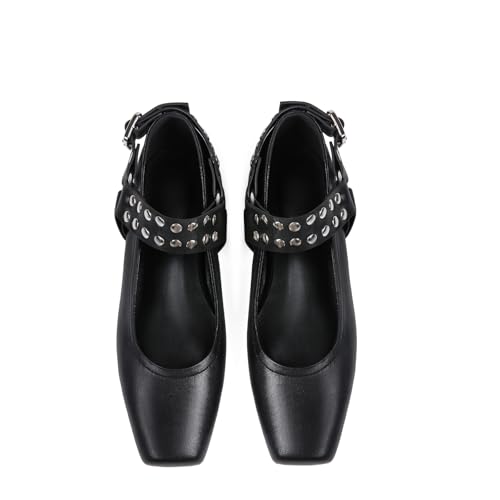 Mary Jane Flats for Women Square Toe Ballet Flats Studded Ankle Buckle Strap Comfortable Dressy Ballerina Shoes