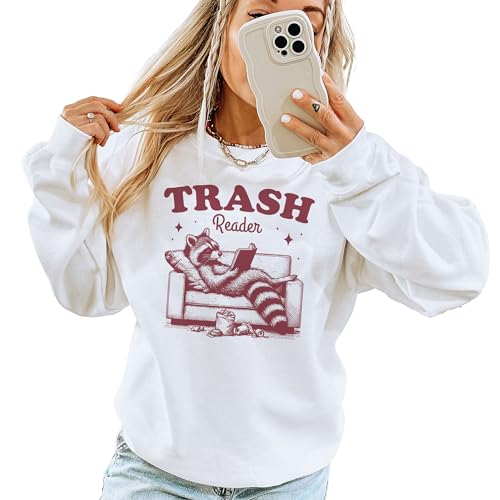 Trash Reader Sweatshirt - Funny Trendy Vintage Raccoon Book Lover Shirt - Sarcastic Reading Romance Novel Bookworm Pullover - Unisex Graphic Crewneck Sweatshirt Sand3