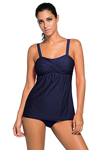ZNCMRR Women's Solid Ruched Tankini Top Swimsuit with Triangle Briefs Plus Size Blue-L