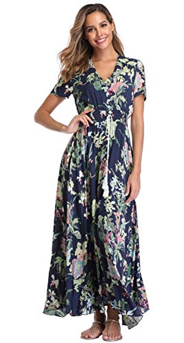 Image of VintageClothing Women's Floral Maxi Dresses Boho Button Up Split Summer Casual Long Dress Beach Party Dress