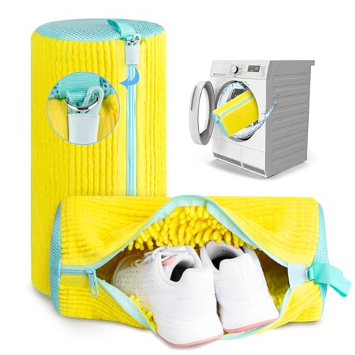 Shoe Washing Machine Bag, 2 PC Reusable XXL Shoes Laundry Bag for Washer & Dryer with Concealed Heavy-Duty Zipper to Protects Shoes & Machine, Cleaning Bag for Sneakers & Tennis Shoe(Yellow)