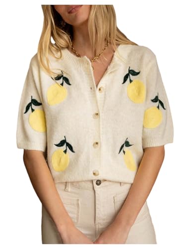 WDIRARA Women's Embroidery Button Down Cardigan Sweater Short Sleeve Knit Outerwear