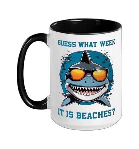 Guess What Week It Is Beaches - Funny Friday Shark Summer Ceramic Mug, Black/White, 15oz