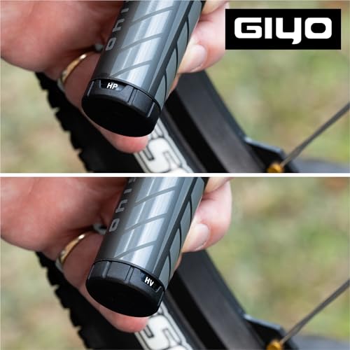 GIYO GM-45CT Mini-Fahrradpumpe, 2-Stage Hochvolumen (80cc) / Hochdruck-Alu-Pumpe (7 bar) für Mountainbikes, Clever Twin-Ventil (Presta/Schrader/Dunlop), taschengroße 15,2 cm, Leichtgewicht 96,5g