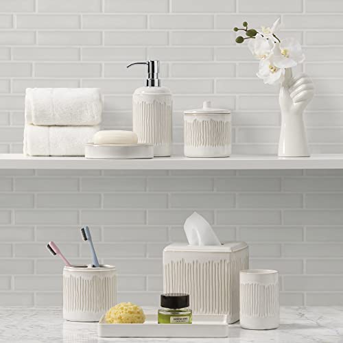 Motifeur Bathroom Accessories Set, 5-Piece Ceramic Bath Accessory Complete Set With Lotion Dispenser/Soap Pump, Cotton Jar, Soap Dish, Tumbler And Toothbrush Holder (Ivory White) #TOP5