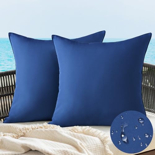 Image of JOTOM Set of 2 Outdoor Waterproof Cushion Covers 45x45 cm Water Resistant Navy Blue Pillow Covers 18x18 Inch Garden Cushion Cover Throw Pillowcase for Bed Sofa Furniture Patio Couch Decor (Navy Blue)