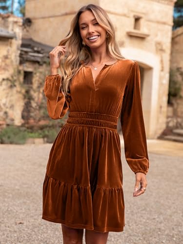 Simplee Womens Velvet Dress 2025 Fall Cocktail Long Sleeve Empire V Neck Wedding Guest Holiday Mini Dresses with Pockets2