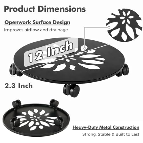 12 Inch Plant Caddy with Wheels, 3 Pack Rolling Plant Stand Rollers with Casters Metal Plant Dolly with Wheels Heavy Duty Rolling Planter Base for Indoor & Outdoor Plants Iron Wrought Flower Stand by Party Zealot - Used condition - Image 4