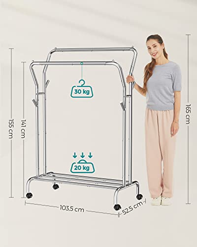 SONGMICS Wieszak na ubrania z kółkami, podwójny drążek, stalowy wieszak na ubrania, obciążenie 100 kg, szerokość 103,5 cm, uniwersalne przechowywanie, srebrny HSR107E01