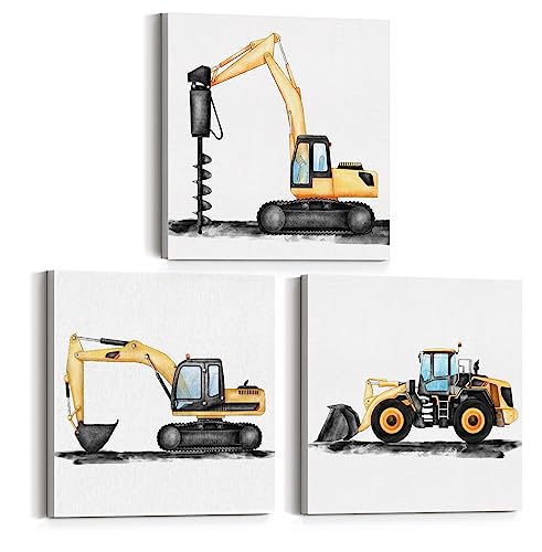 Set of 3 Construction Truck Nursery Canvas Wall Art Framed Paintings Prints Watercolor Digger Dump Truck Vehicle Art Canvas Wall Decor for Home Boys Bedroom Playroom 12x12 Inch