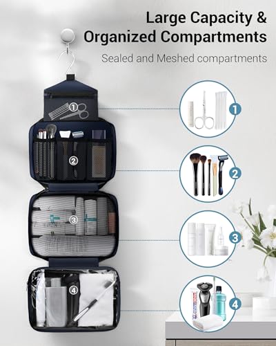 Image of Maliton Toiletry Bag for Men & Women Travel Toiletry Bag Hanging Toiletry Bag Hygiene Organizer with 4 Compartments Waterproof Bathroom Shower Bag Large Toiletries Travel Bag(Black (Navy Blue)