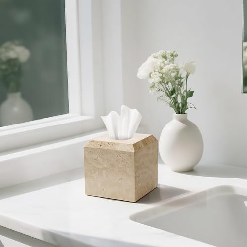 WORHE Tissue Box Cover Italy Natural Travertine Stone Heavy Duty Square Facial Toilet Paper Holder for Bathroom Living Room Bedroom Dresser Kitchen Minimalistic Office Home Decor Beige (TBC145WT) by WORHE - Image 8