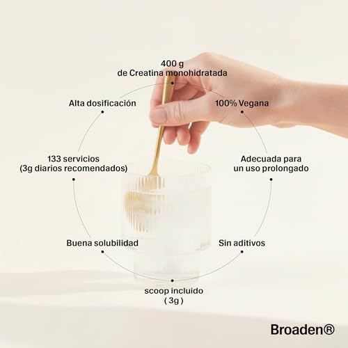 Miniatura 6 de Broaden 400g Creatina Monohidrata En Polvo Sin Sabor Con 133 Dosis 100 Monohidrato De Creatina Micronizada No Incluye Dosificador Sin Añadidos Sin Omg, Vegano, Sin Gluten