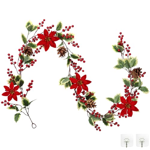 SOMYTING 1 Pièces Baie Noël Houx Guirlandes, Noël Guirlandes Baies Houx Rouge Guirlande Deco avec Feuilles de Houx Rouge Guirlande Decor pour Cheminée Escalier Table à Dinner Artisanat Décor